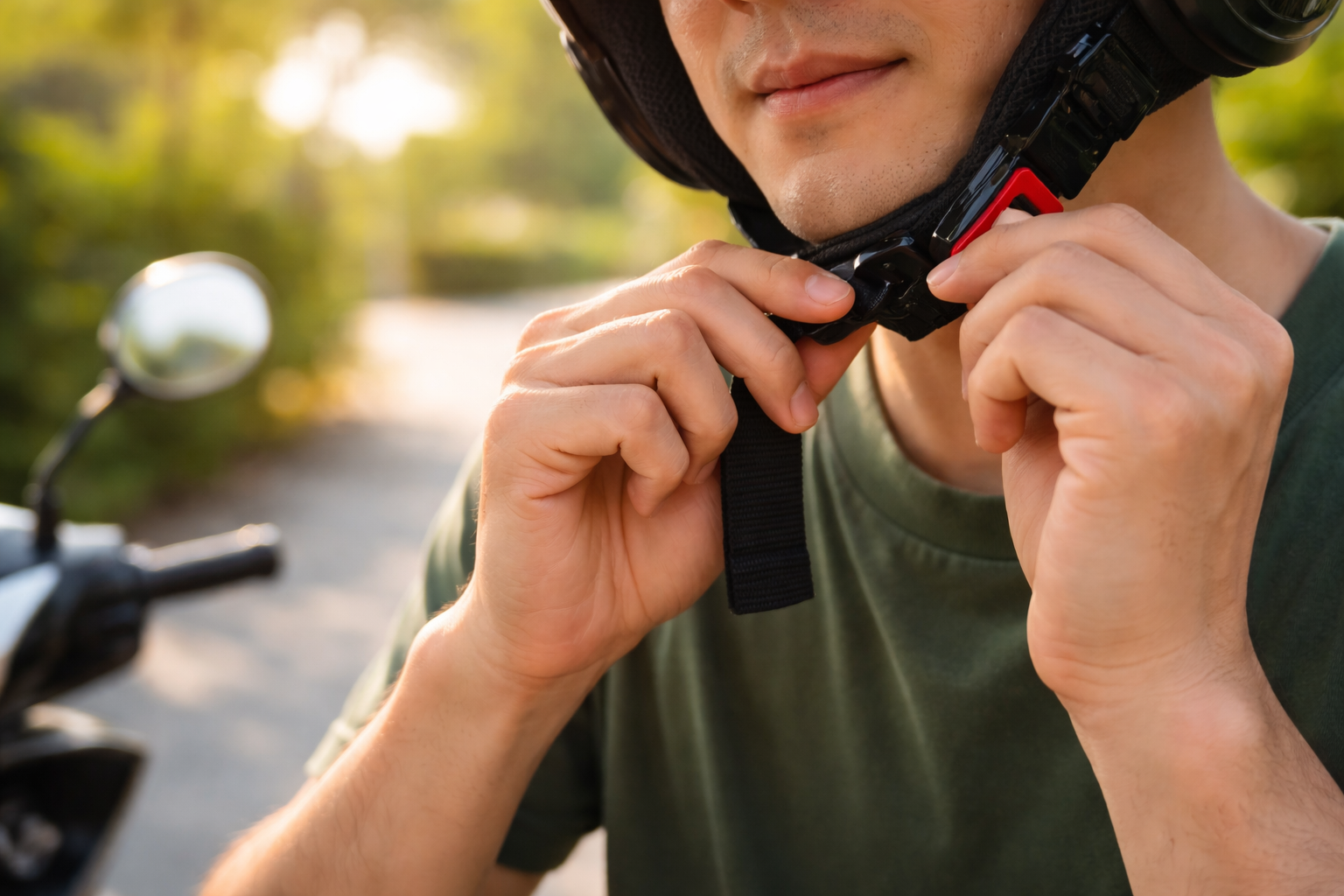 Helmet strap hands closeup